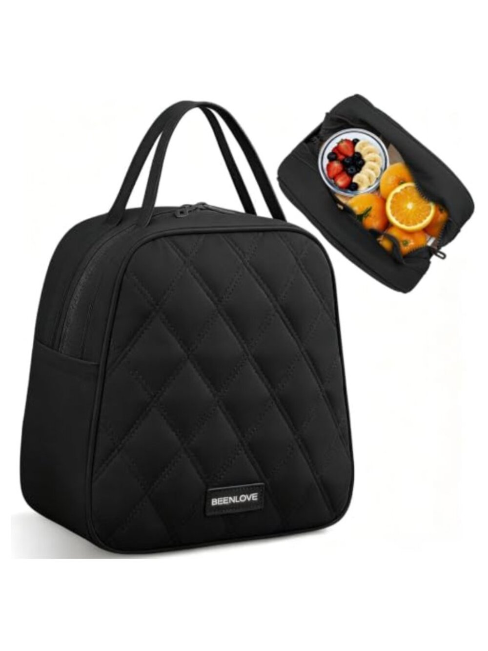 Quilted Insulated Lunch Bag Stand-Up Tote with Side Pockets PEVA Lining